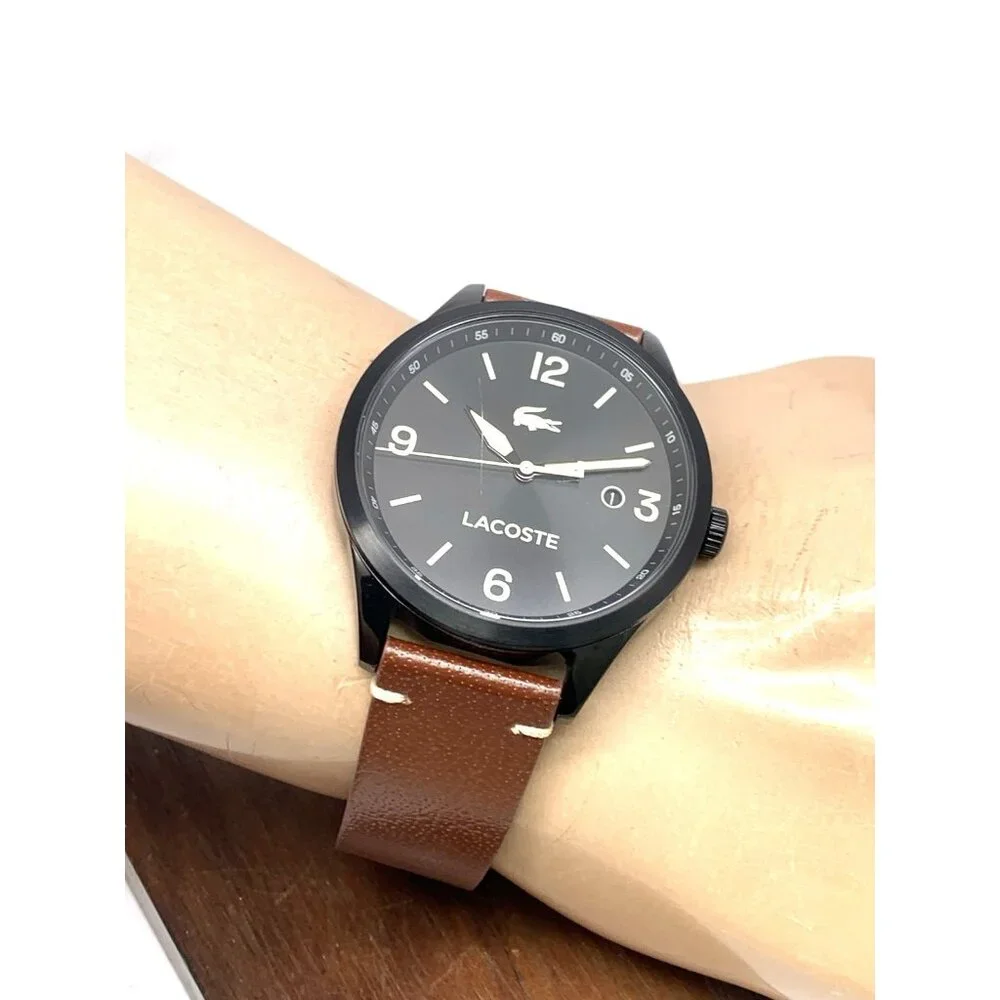 Lacoste Men's Watch 2011106 Traveler Quartz Black Dial Brown Leather Band 43mm